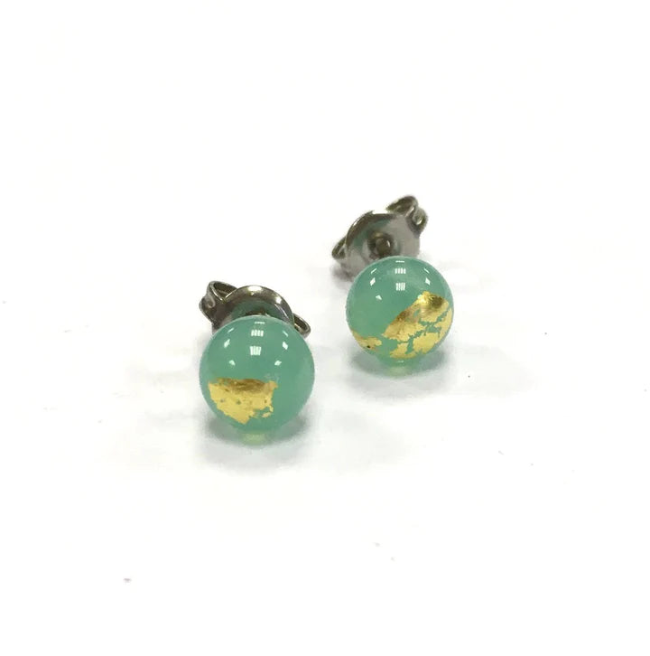 Mini - Jade and Gold Glass Stud Earrings