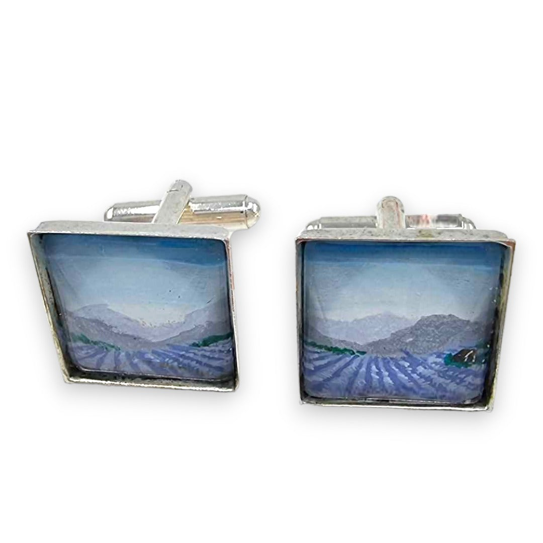 Mountain  & Lavender Fields Hand Painted Cufflinks - Ink under Resin