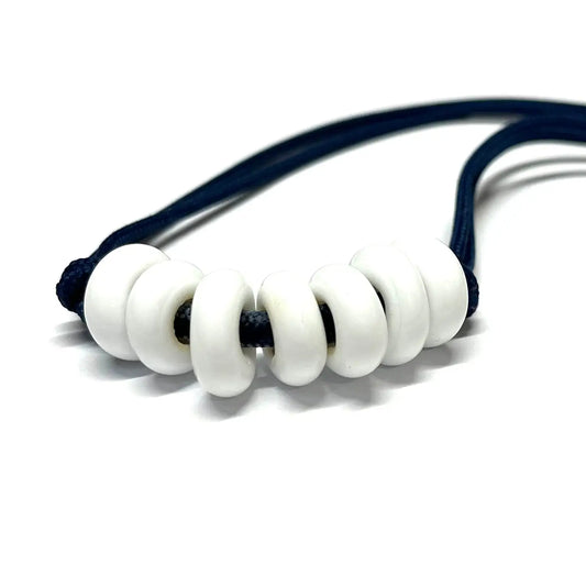 Adjustable Necklace - White Glass Beads On Navy Blue Paracord