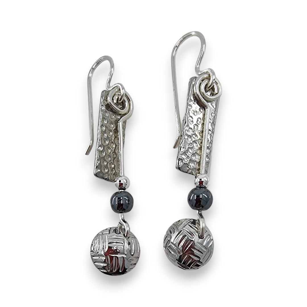 Pewter Textured Rectangle with Stones & Pewter Dome - Drop Earrings