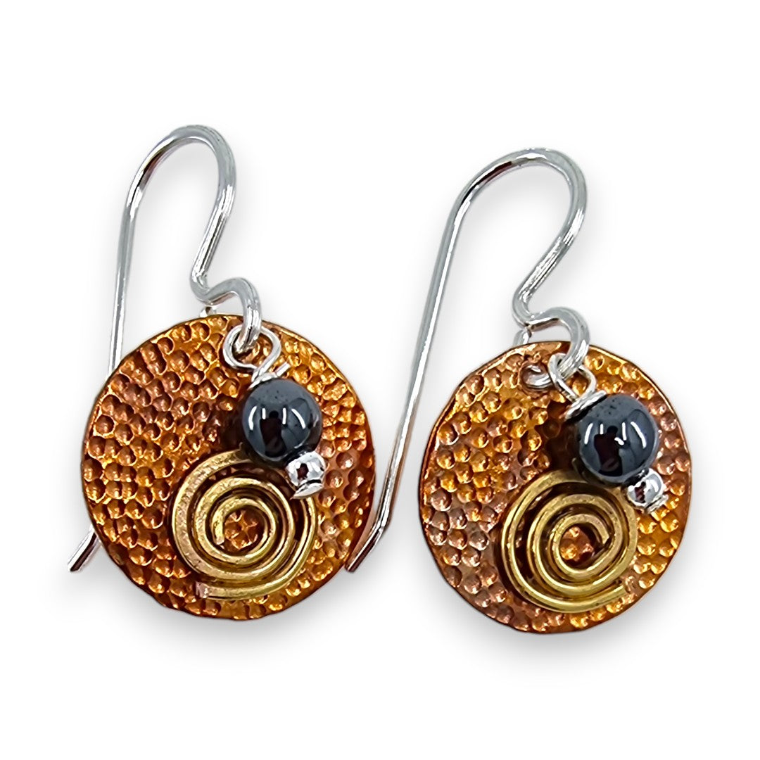 Copper Textured Coin with Stone - Drop Earrings