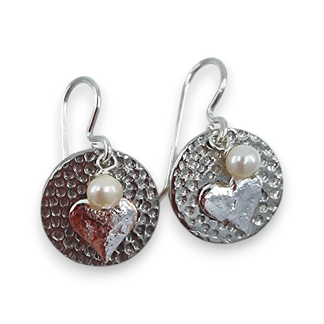 Pewter Coin with Heart & Pearl - Drop Earrings