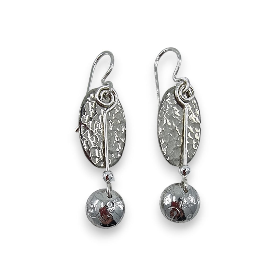 Pewter Textured Oval with Pewter Drop - Drop Earrings