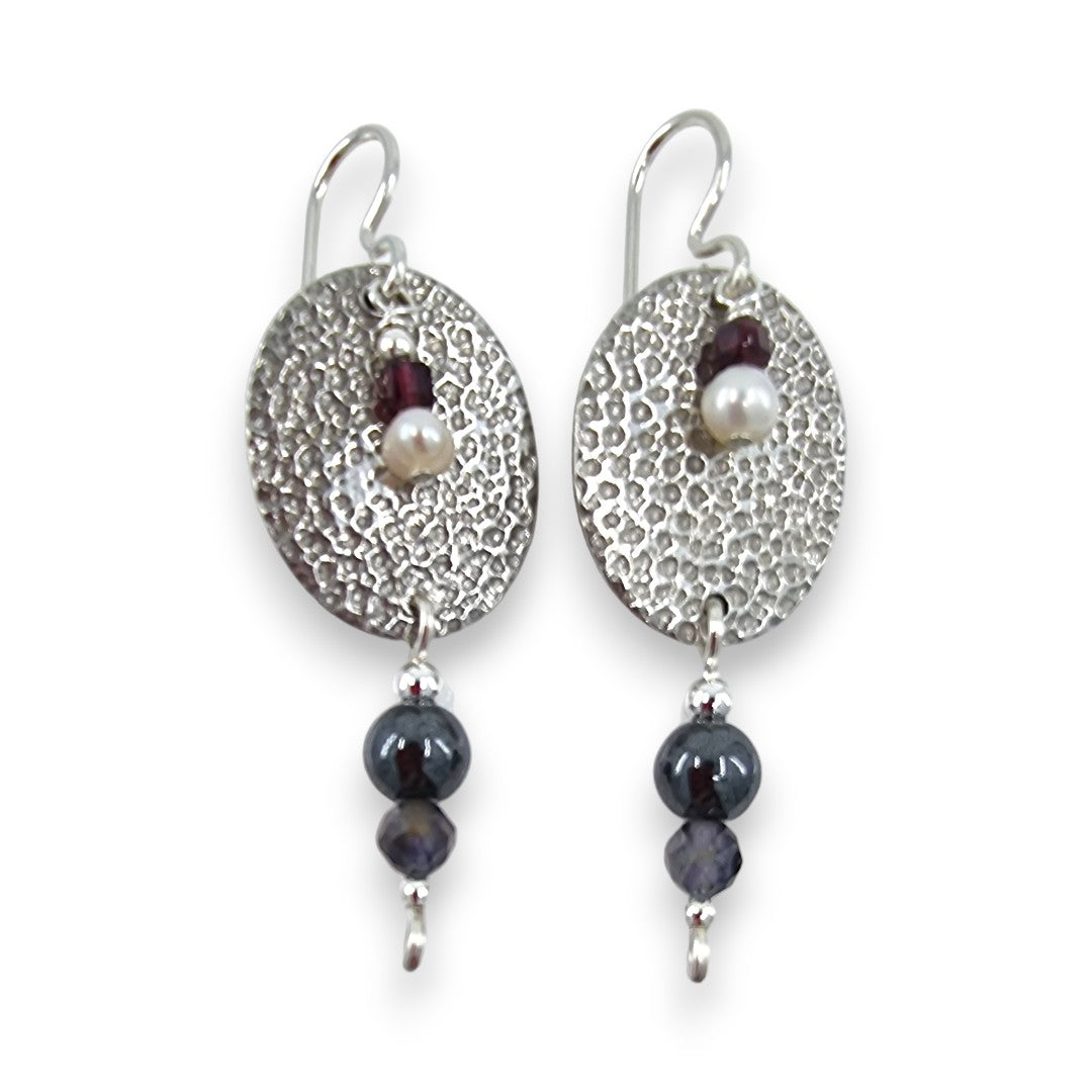 Pewter Textured Oval with Stones Drop - Drop Earrings