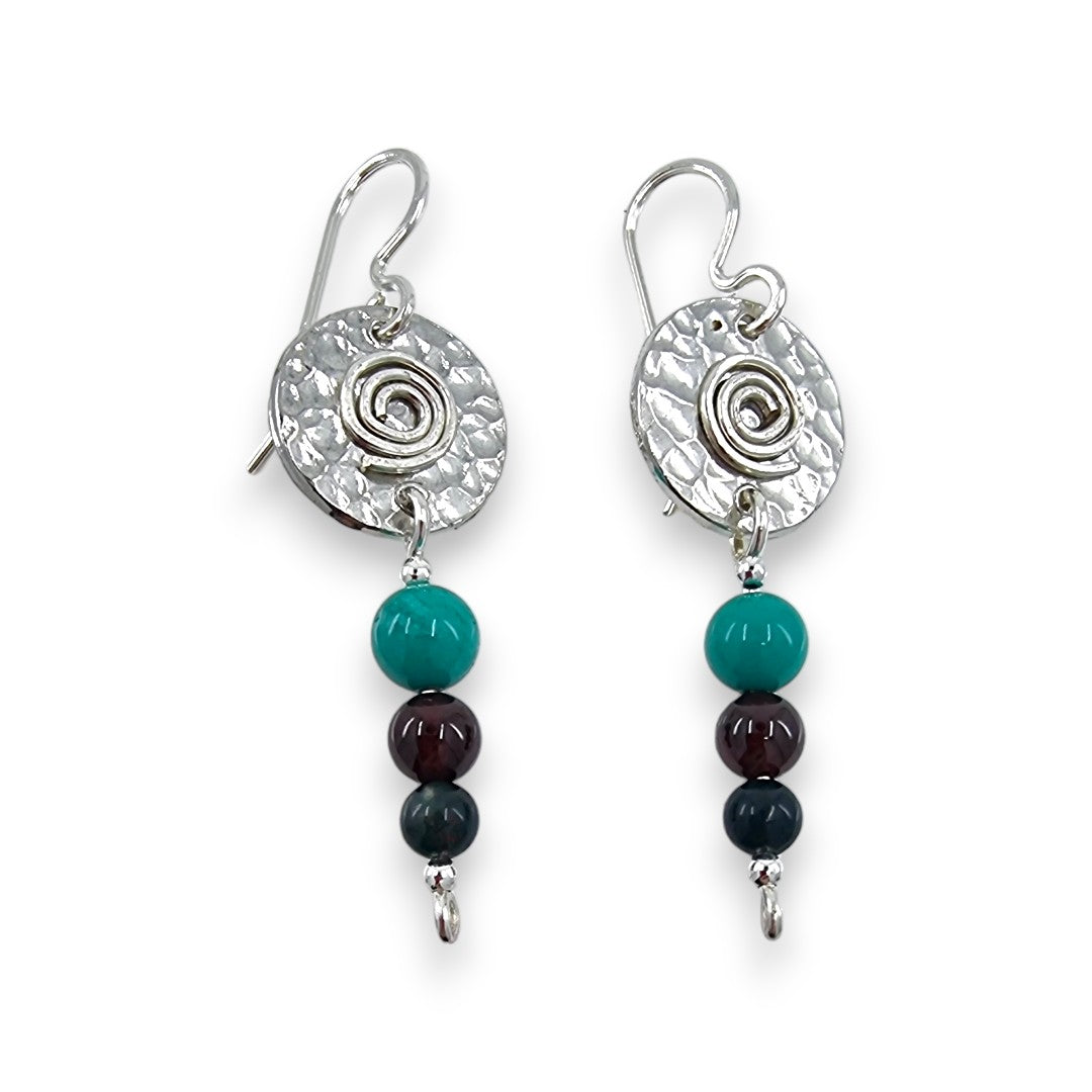 Pewter Coin with Semi - Precious Stones - Drop Earrings