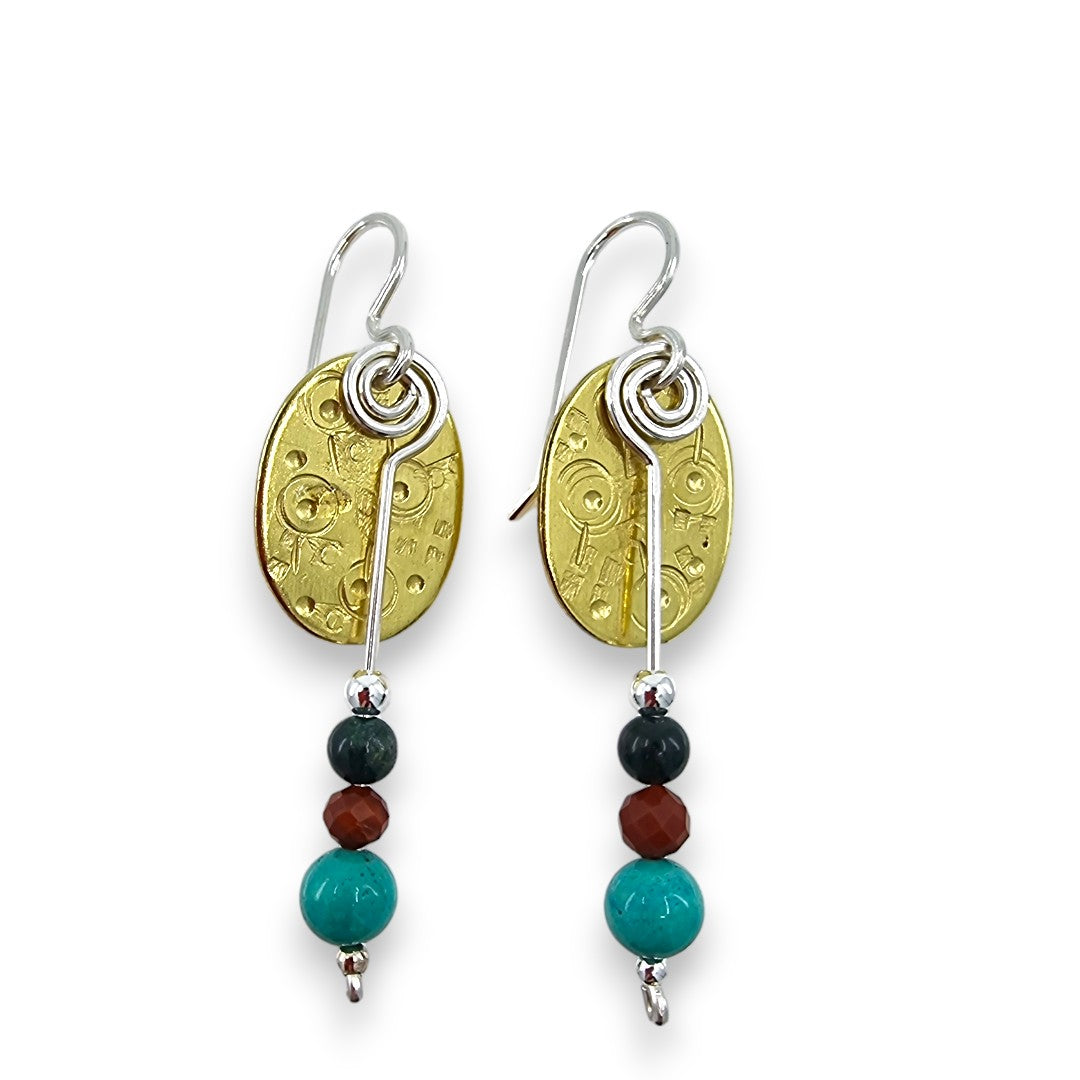 Brass Oval Coin with Stones - Drop Earrings