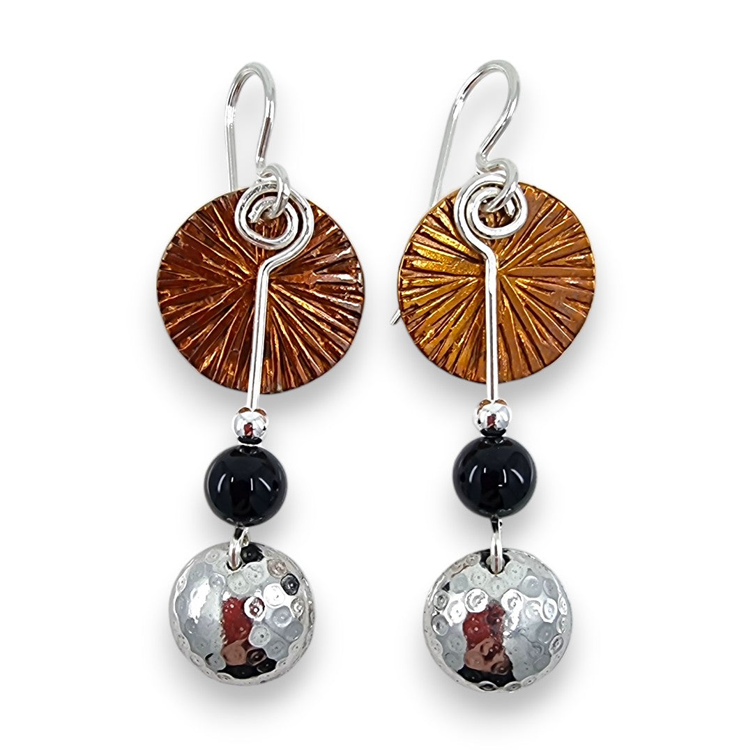 Copper Textured Coin with Semi - Precious - Stones & Pewter Dome- Drop Earrings