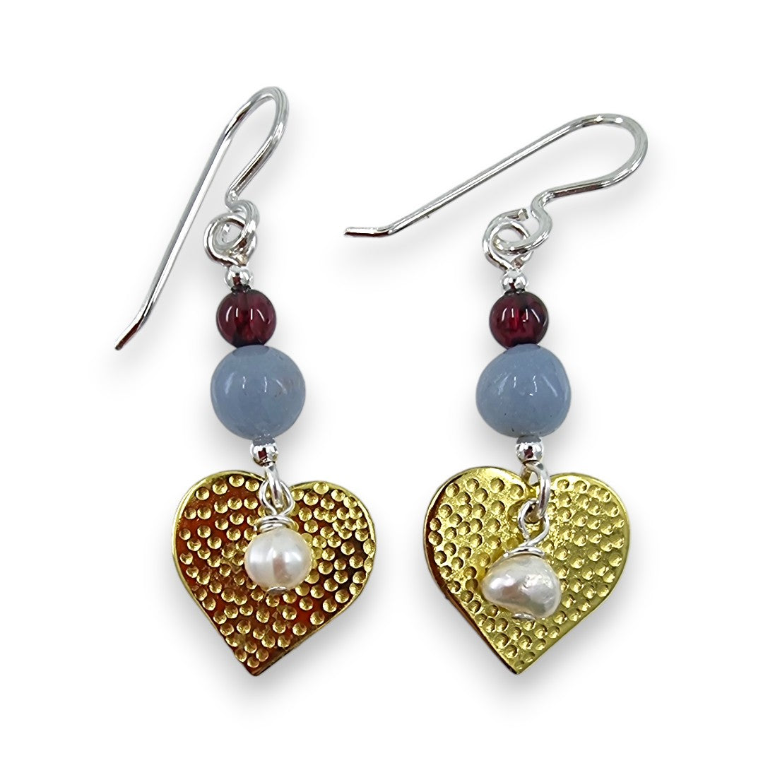 Brass Heart with Semi-Precious Stones & Pearl - Drop Earrings