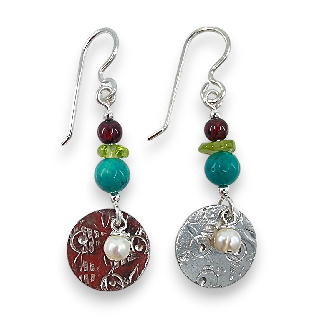 Pewter Coin with Semi - Precious Stones - Drop Earrings