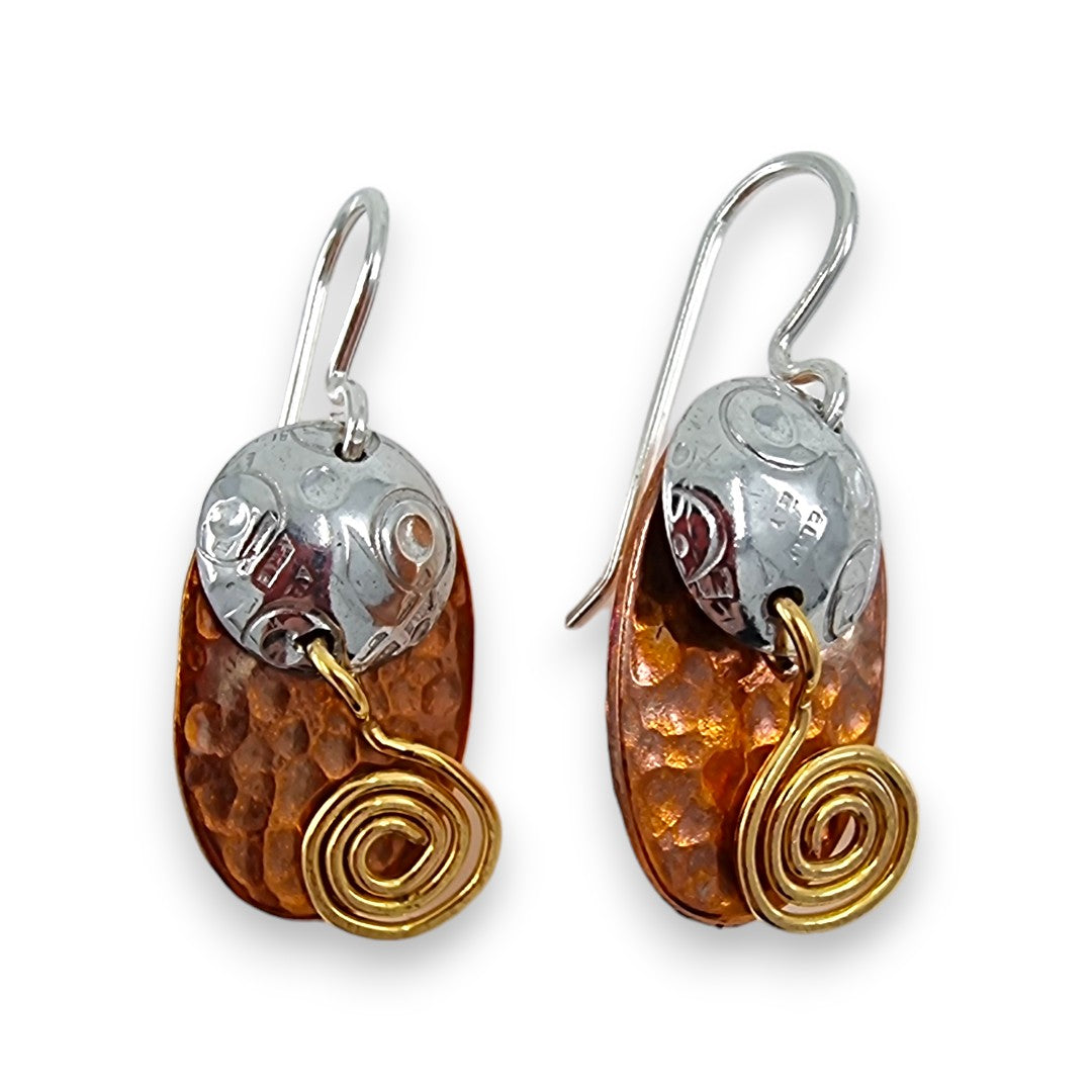 Copper Oval with Pewter Dome - Drop Earrings