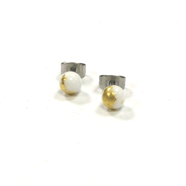 Mini - White and Gold Glass Stud Earrings