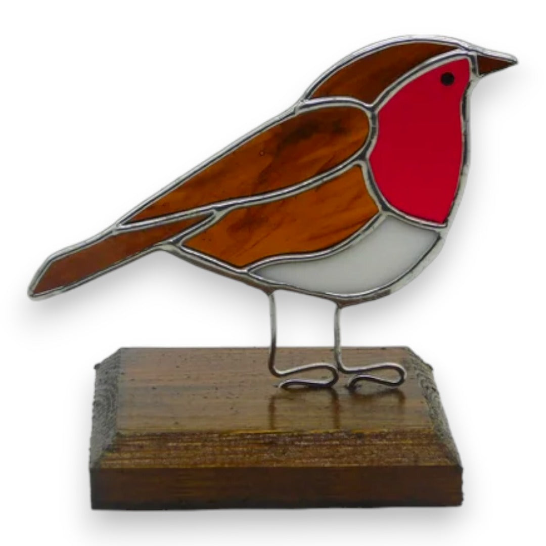 Freestanding Robin on Wood - Stained Glass