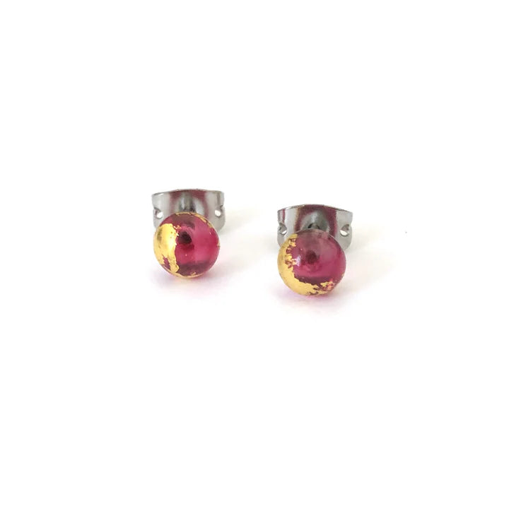 Mini - Cranberry Pink and Gold Glass Stud Earrings